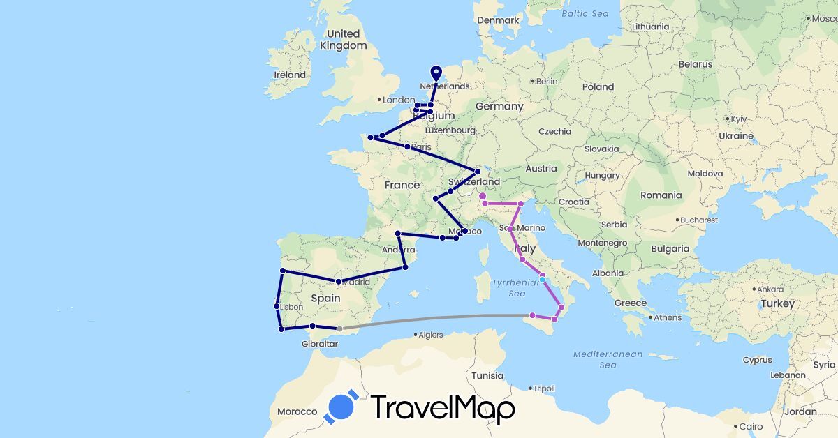 TravelMap itinerary: driving, plane, train, boat in Belgium, Switzerland, Spain, France, Italy, Monaco, Netherlands, Portugal (Europe)